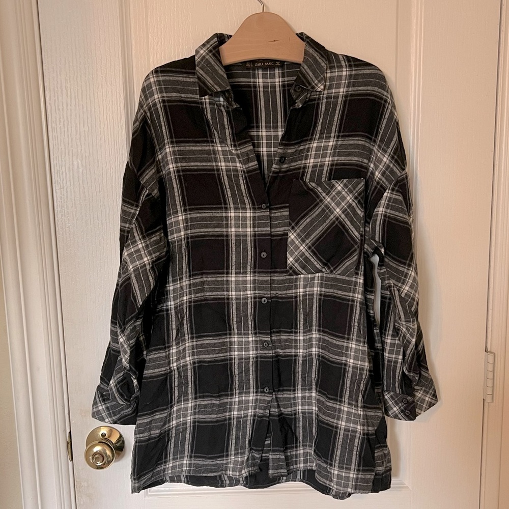 Zara Basic Black & White Oversized Flannel Shirt … - image 1